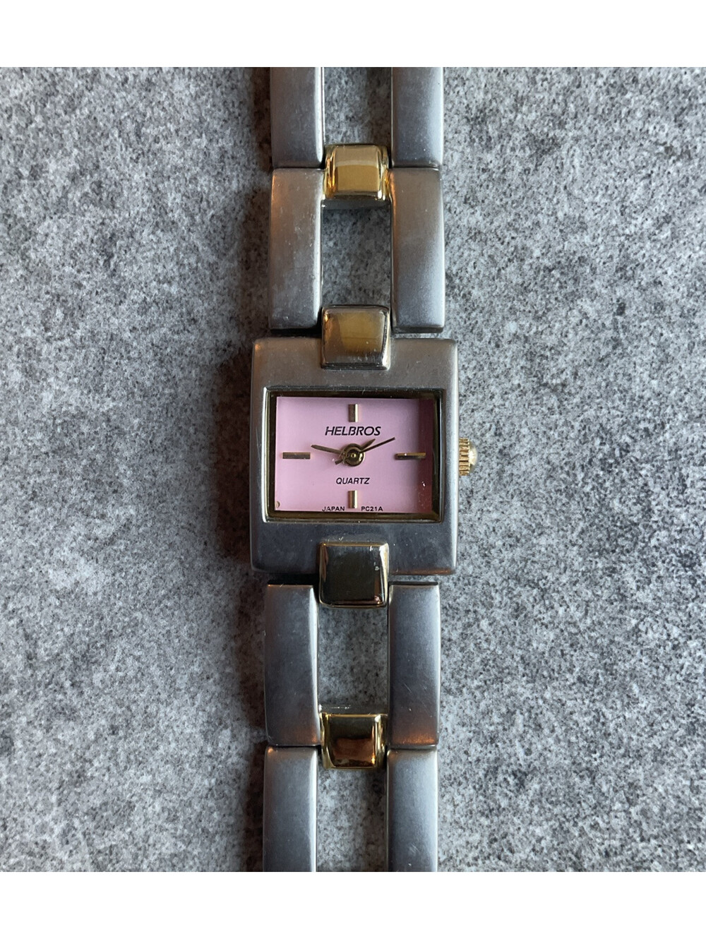 Vintage Helbros Womens Quartz Watch 19mm Two Tone Case And Band Pink Dial Bin S